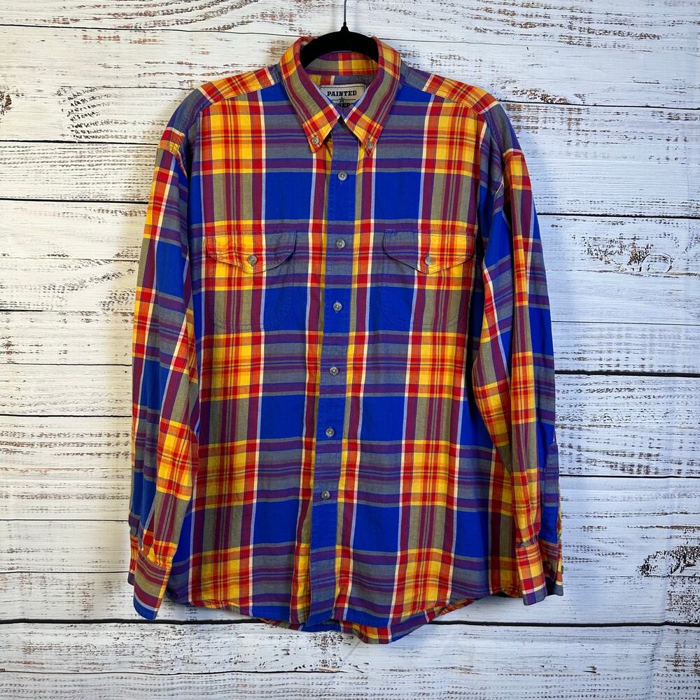 VTG Wrangler Painted Desert Blue Orange Plaid Button Up Western Shirt Mens Sz L